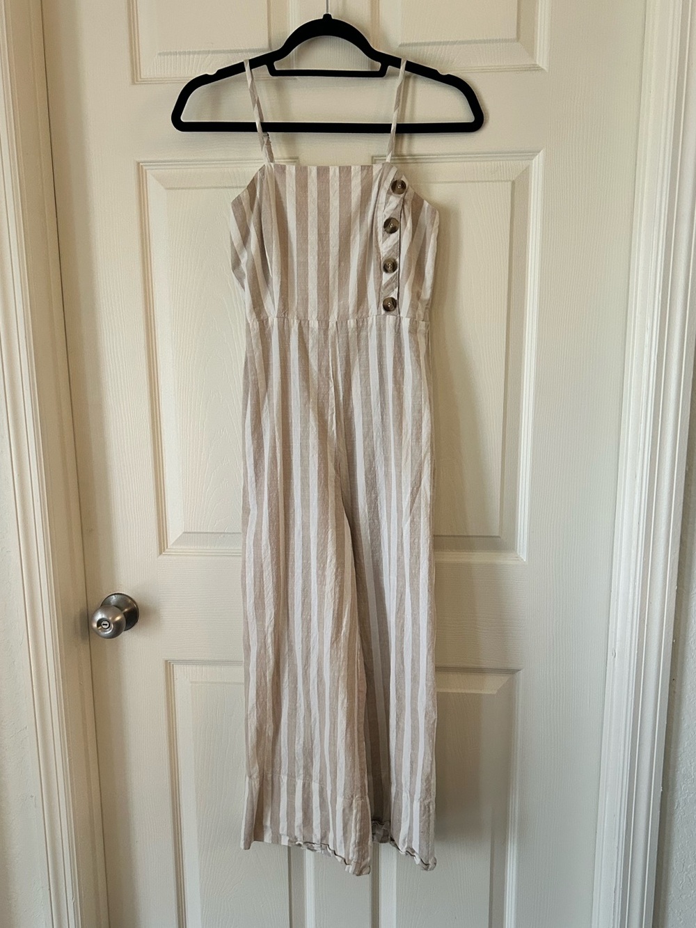 Japna Beige White Striped Linen Blend Wide Leg Jumpsuit - Size Medium - Picture 2 of 13